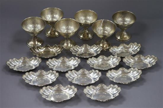 A set of six planished sterling silver pedestal dishes and a set set of ten sterling silver small dishes, 13 oz.